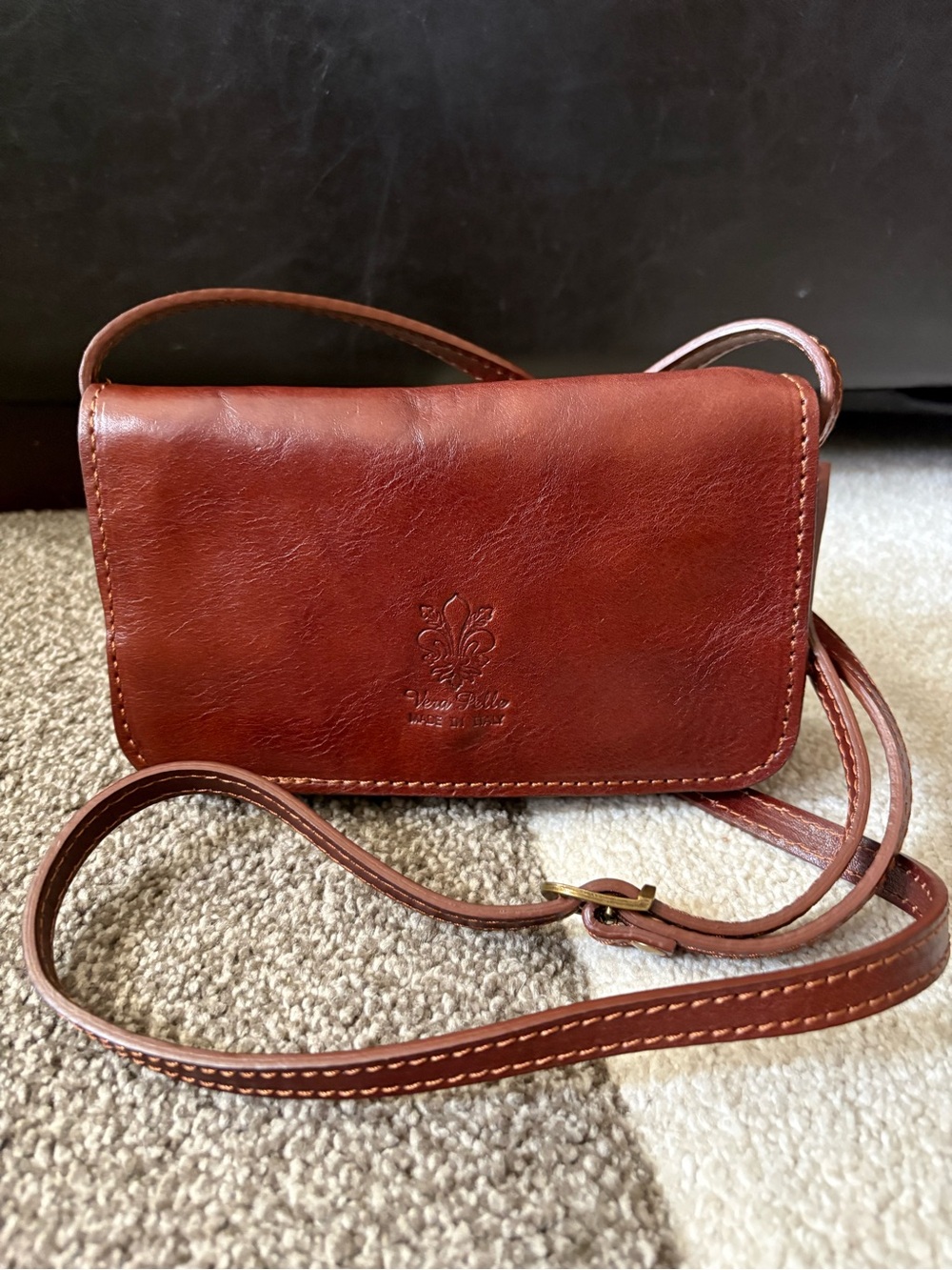 Vera Pelle Brown Italian Leather Crossbody Bag Vintage Y2K Italy Preppy - Picture 9 of 12